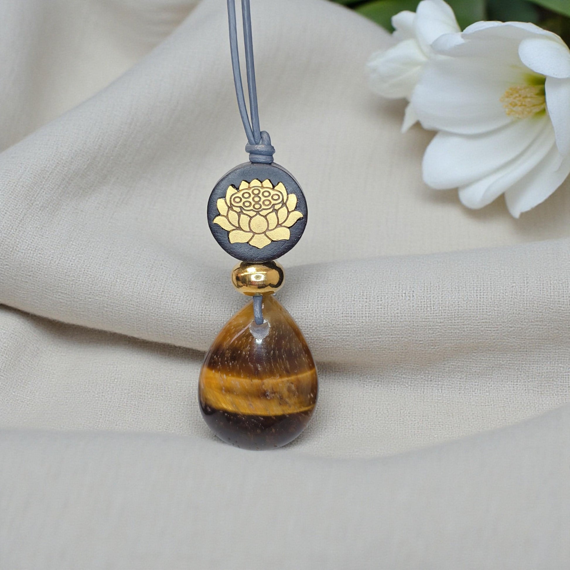 Natural Tigers Eye Necklace, Chunky Geometric 18k Lotus Flower Jewelry, November Birthstone Zen Gift, Adjustable Leather Cord