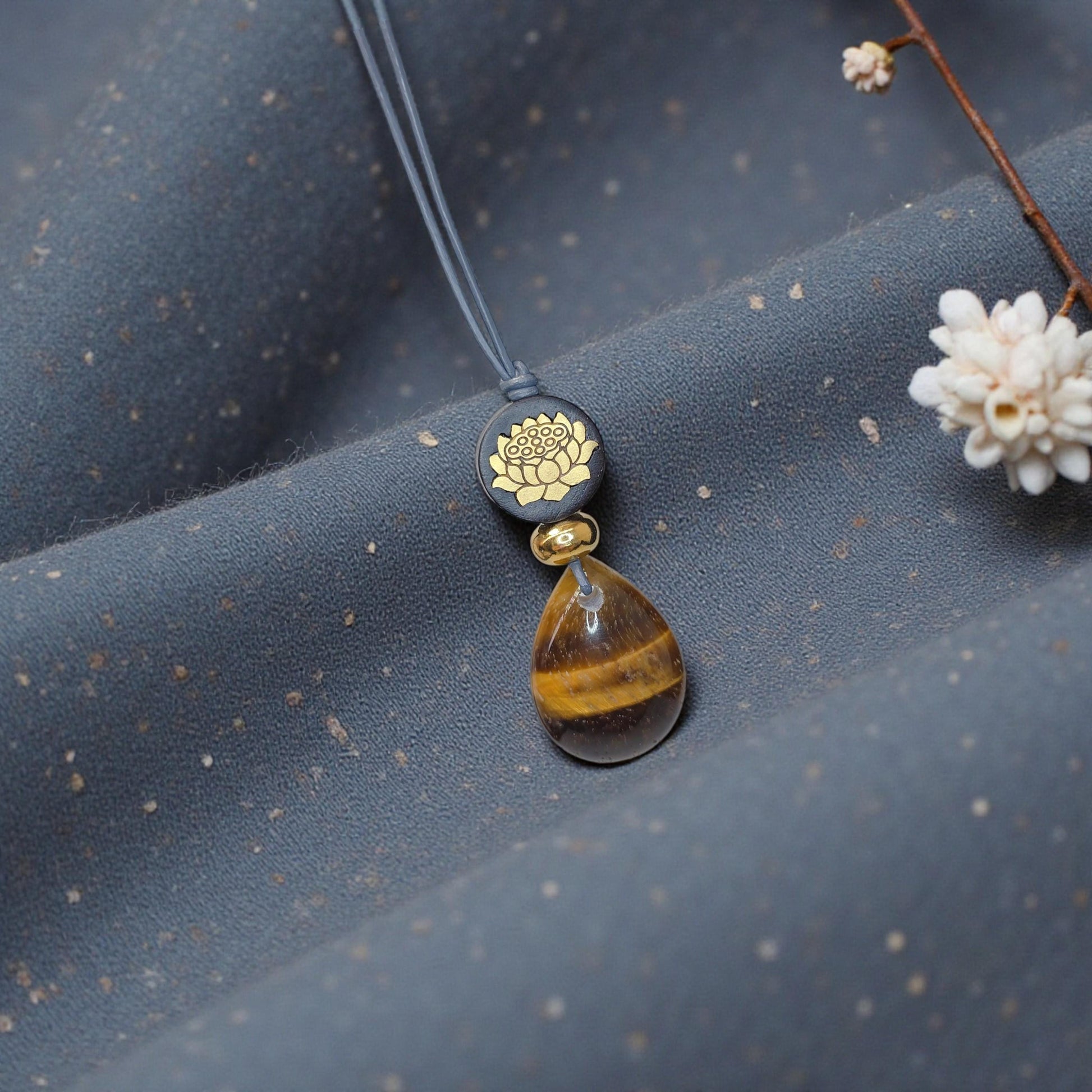 Natural Tigers Eye Necklace, Chunky Geometric 18k Lotus Flower Jewelry, November Birthstone Zen Gift, Adjustable Leather Cord