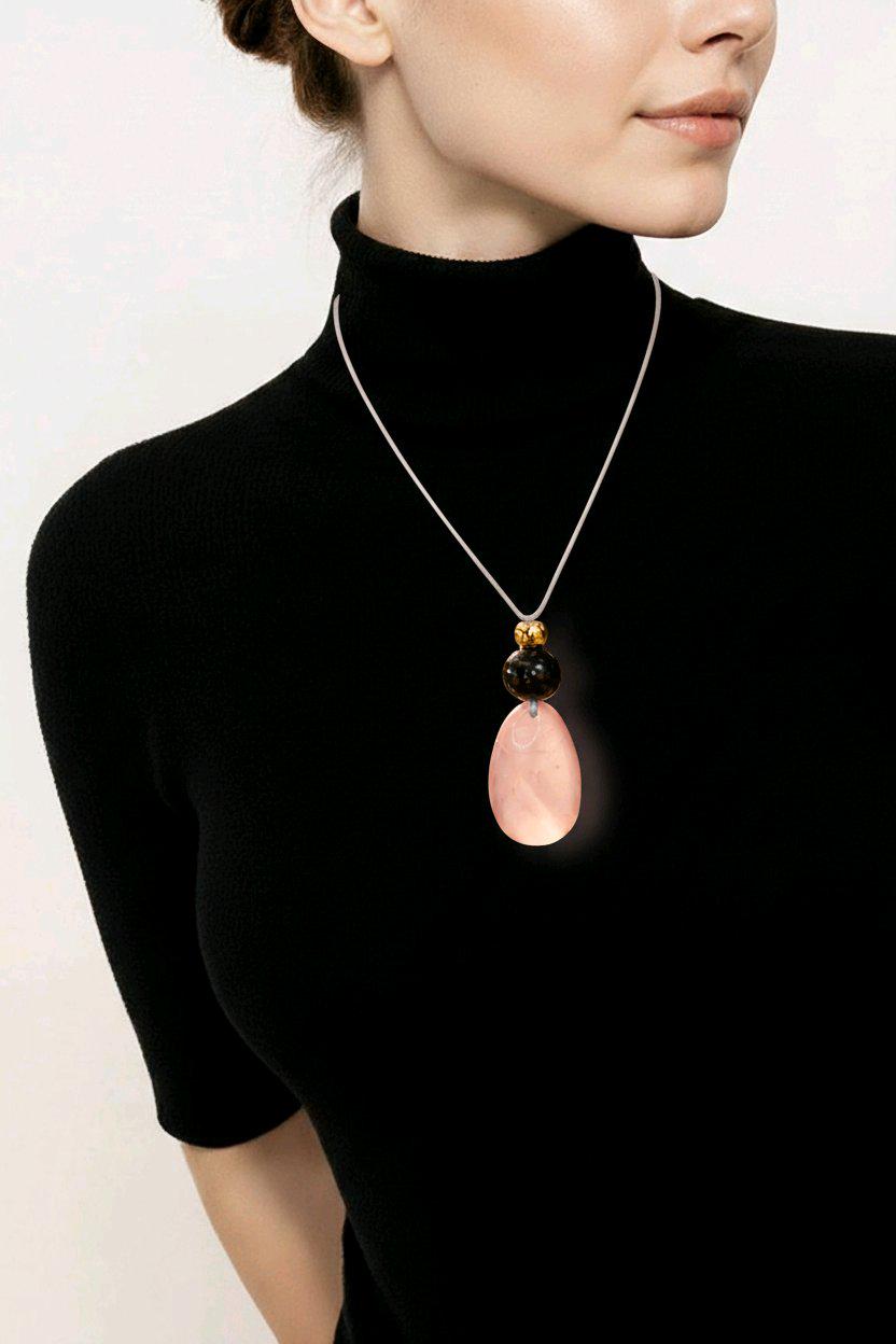 Rose Quartz Obsidian Necklace, Chunky Geometric Pink Crystal Jewelry, January Birthstone Love Gift, Adjustable Leather Cord