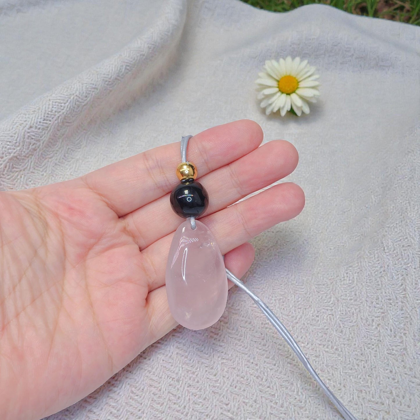 Rose Quartz Obsidian Necklace, Chunky Geometric Pink Crystal Jewelry, January Birthstone Love Gift, Adjustable Leather Cord
