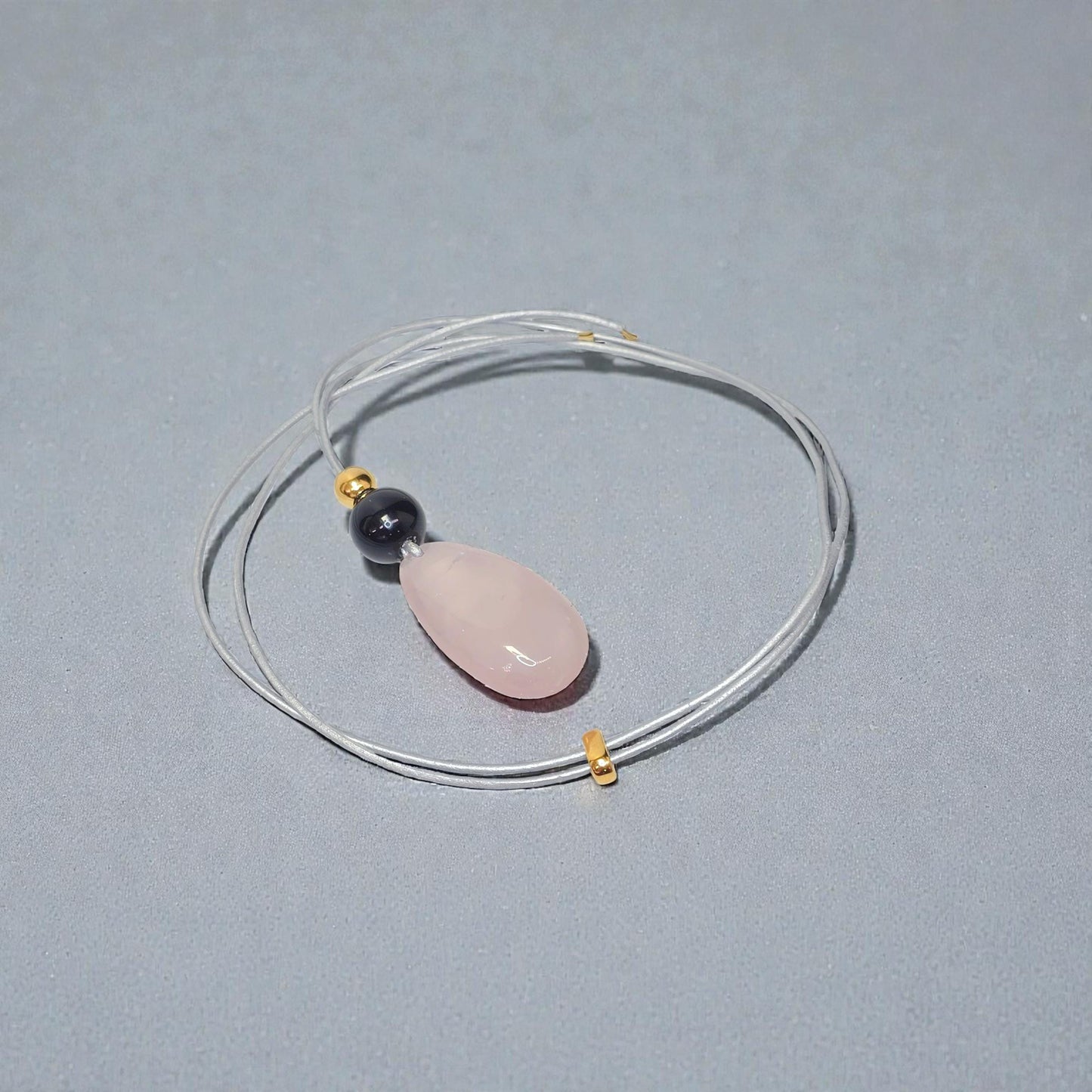 Rose Quartz Obsidian Necklace, Chunky Geometric Pink Crystal Jewelry, January Birthstone Love Gift, Adjustable Leather Cord