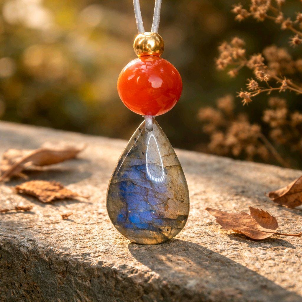 Blue Flash Labradorite Necklace, Chunky Geometric Carnelian Jewelry, July Birthstone Gift for Her, Adjustable Leather Cord