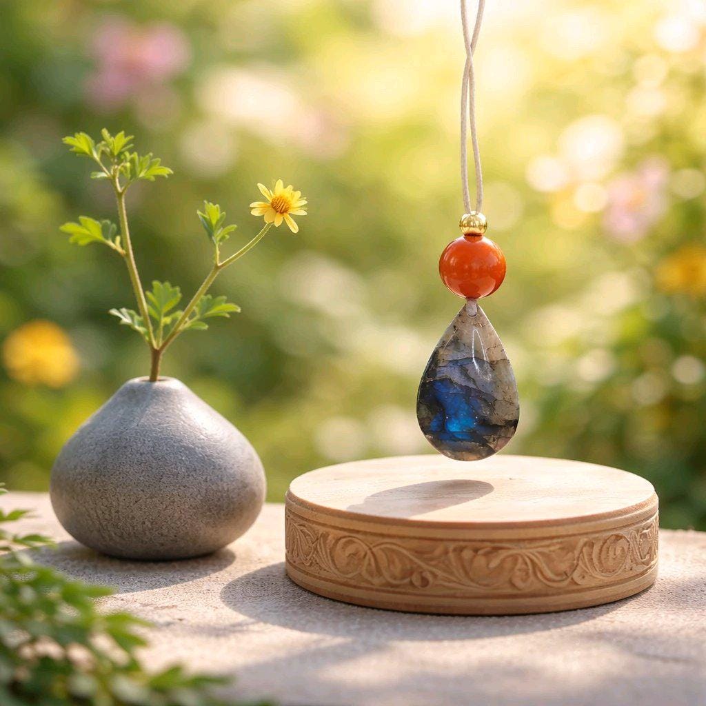 Blue Flash Labradorite Necklace, Chunky Geometric Carnelian Jewelry, July Birthstone Gift for Her, Adjustable Leather Cord