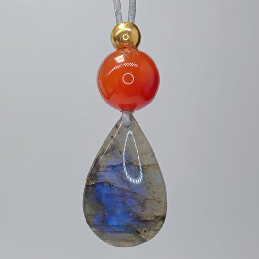 Blue Flash Labradorite Necklace, Chunky Geometric Carnelian Jewelry, July Birthstone Gift for Her, Adjustable Leather Cord