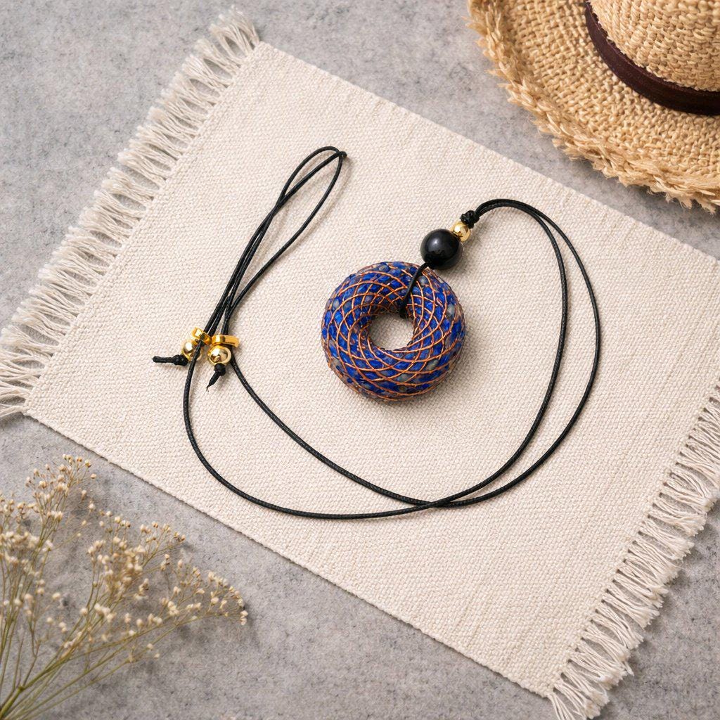 Rodin Coil Orgone Pendant Necklace, Chunky Lapis Lazuli Reiki Jewelry, Meditation Protection Gift, Adjustable Vegan Cord