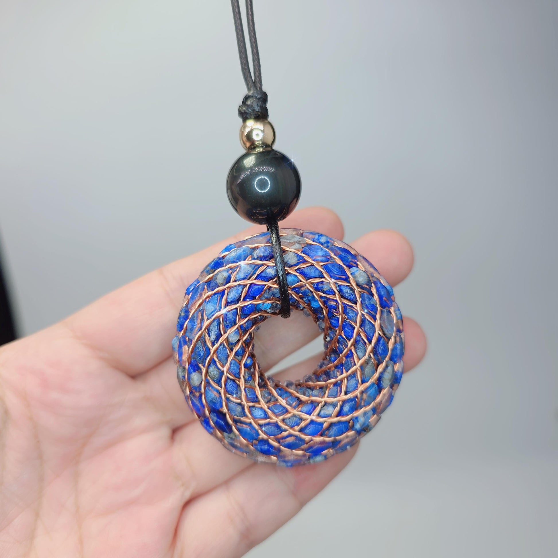Rodin Coil Orgone Pendant Necklace, Chunky Lapis Lazuli Reiki Jewelry, Meditation Protection Gift, Adjustable Vegan Cord