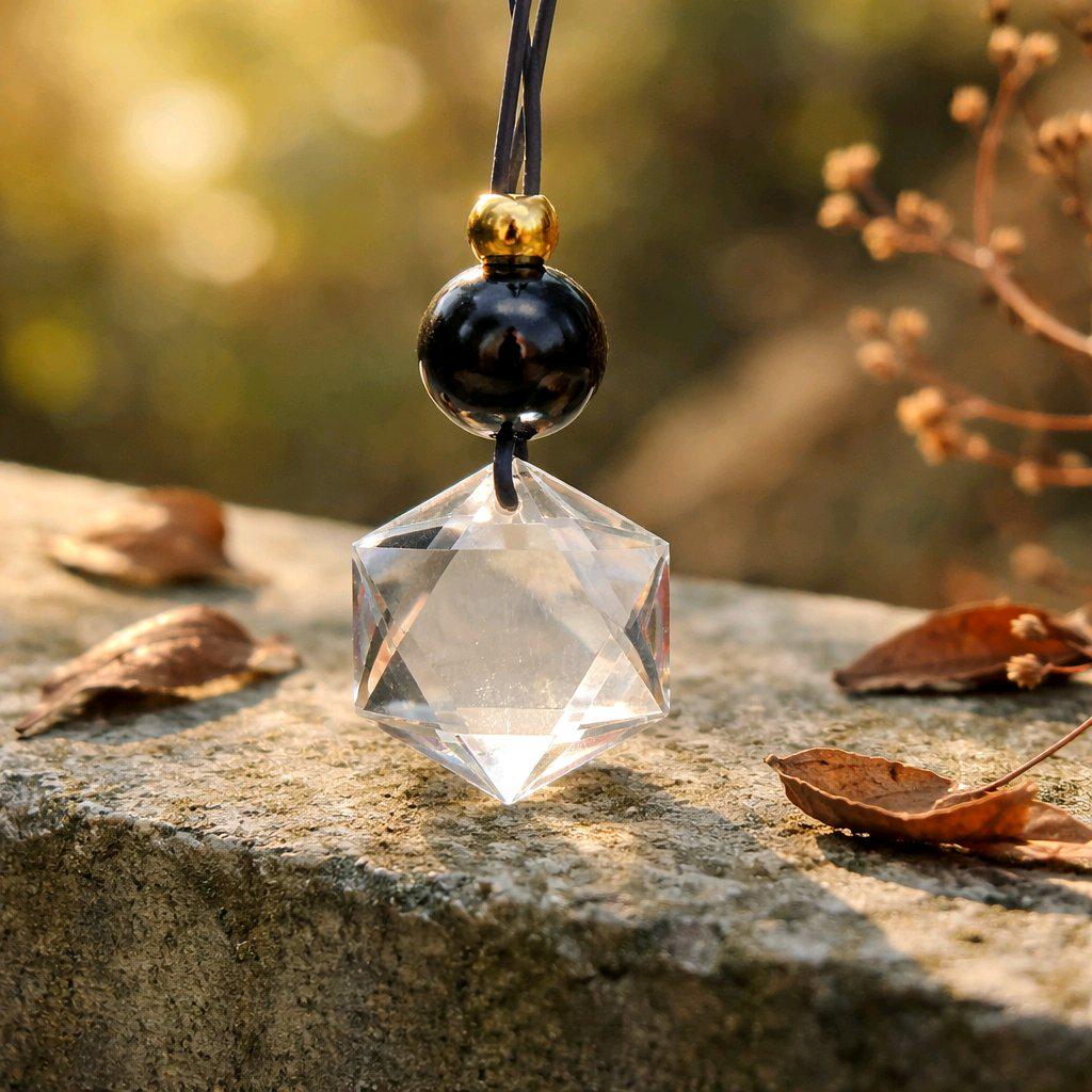 Clear Quartz Hexagram Star Necklace, Chunky Black Obsidian Stone Protection Amulet Jewelry for Men Women, Adjustable Leather Cord