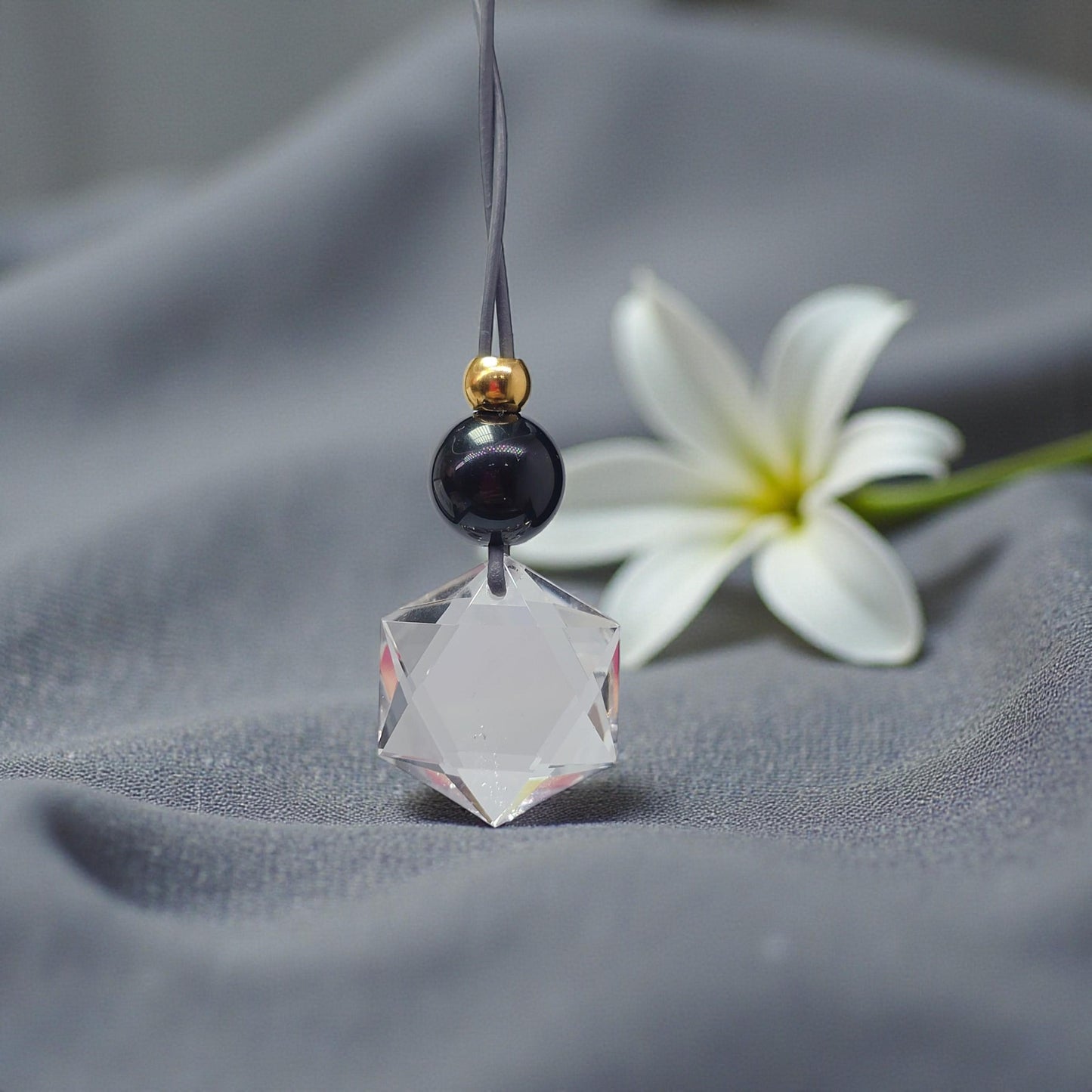 Clear Quartz Hexagram Star Necklace, Chunky Black Obsidian Stone Protection Amulet Jewelry for Men Women, Adjustable Leather Cord