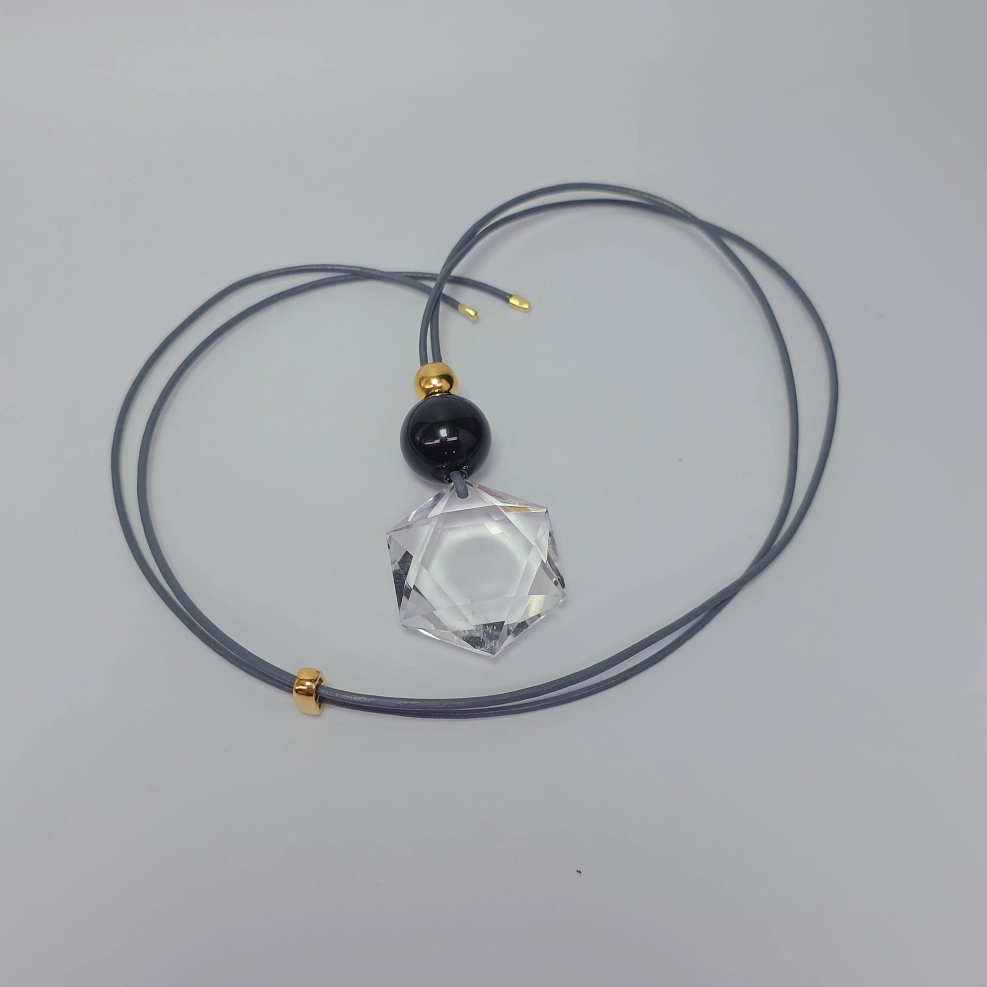 Clear Quartz Hexagram Star Necklace, Chunky Black Obsidian Stone Protection Amulet Jewelry for Men Women, Adjustable Leather Cord