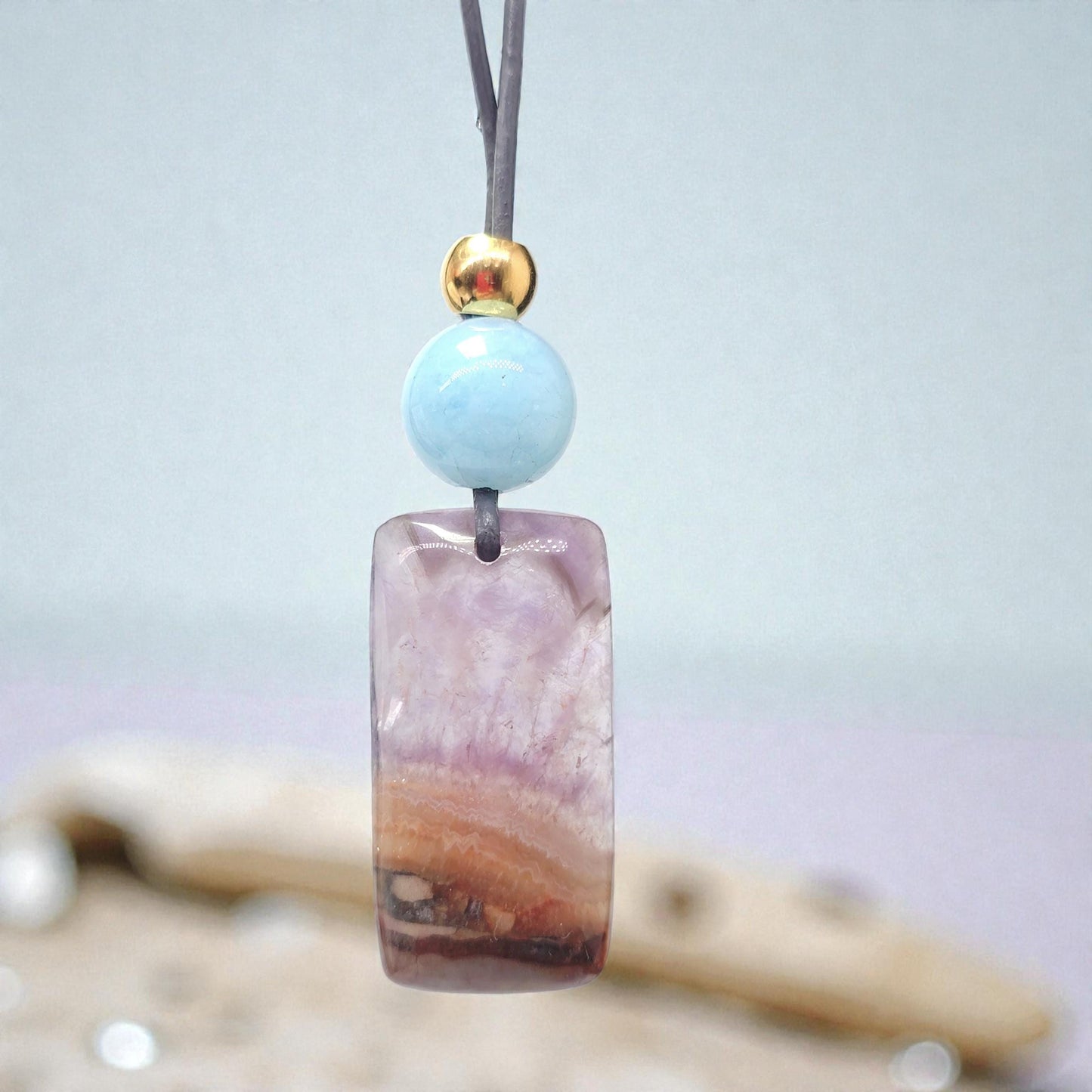 Chevron Amethyst Necklace, Chunky Natural Aquamarine Gemstone Healing Pendant for Women, Adjustable Leather Cord