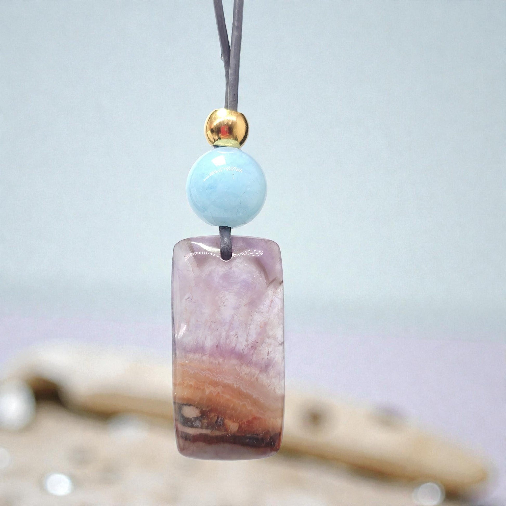 Chevron Amethyst Necklace, Chunky Natural Aquamarine Gemstone Healing Pendant for Women, Adjustable Leather Cord