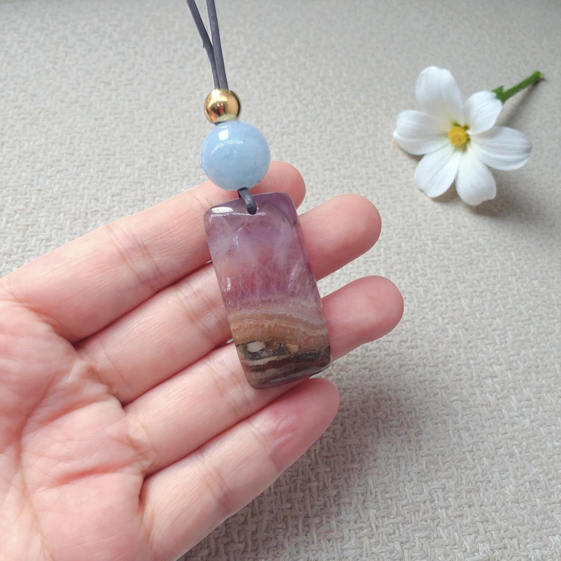 Chevron Amethyst Necklace, Chunky Natural Aquamarine Gemstone Healing Pendant for Women, Adjustable Leather Cord
