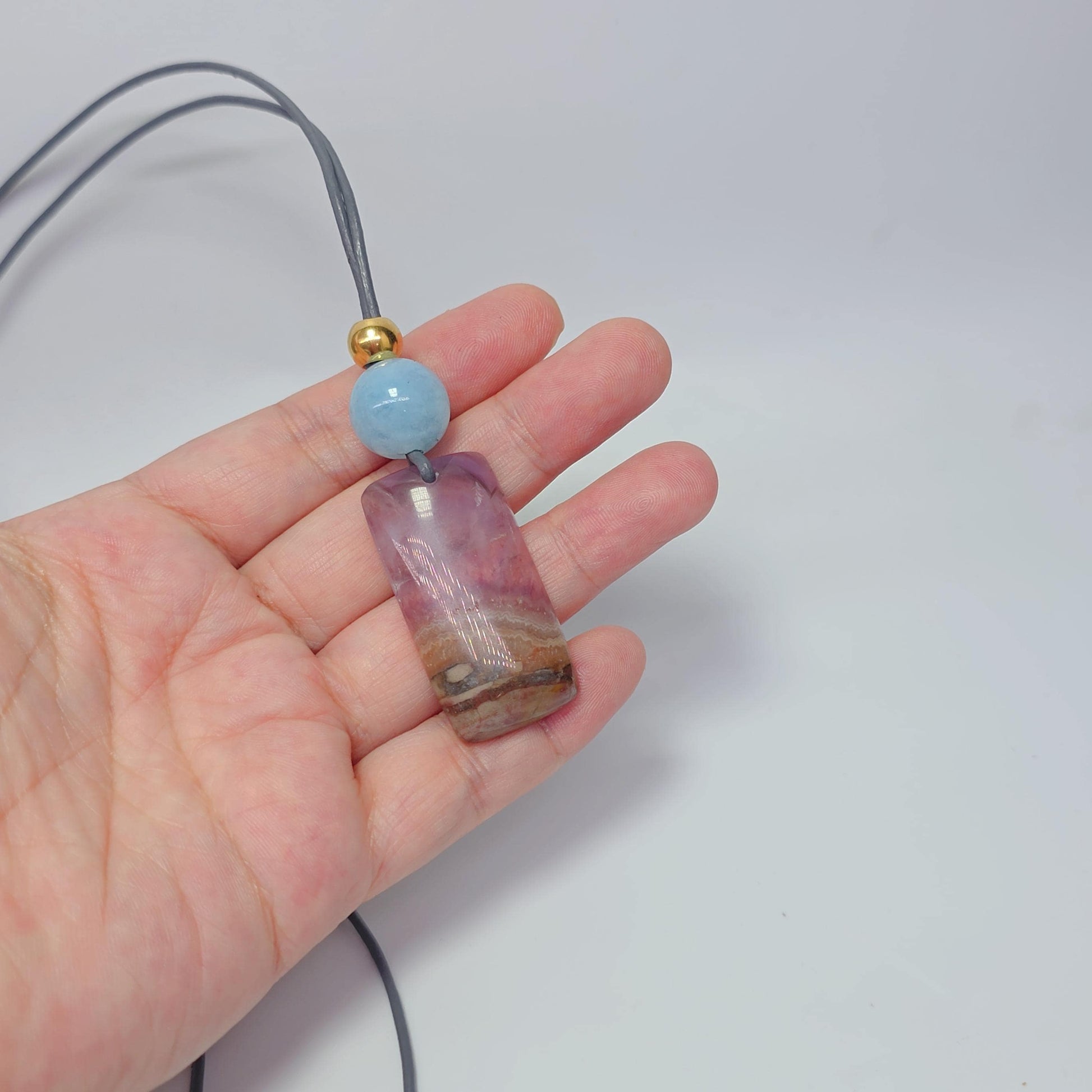 Chevron Amethyst Necklace, Chunky Natural Aquamarine Gemstone Healing Pendant for Women, Adjustable Leather Cord