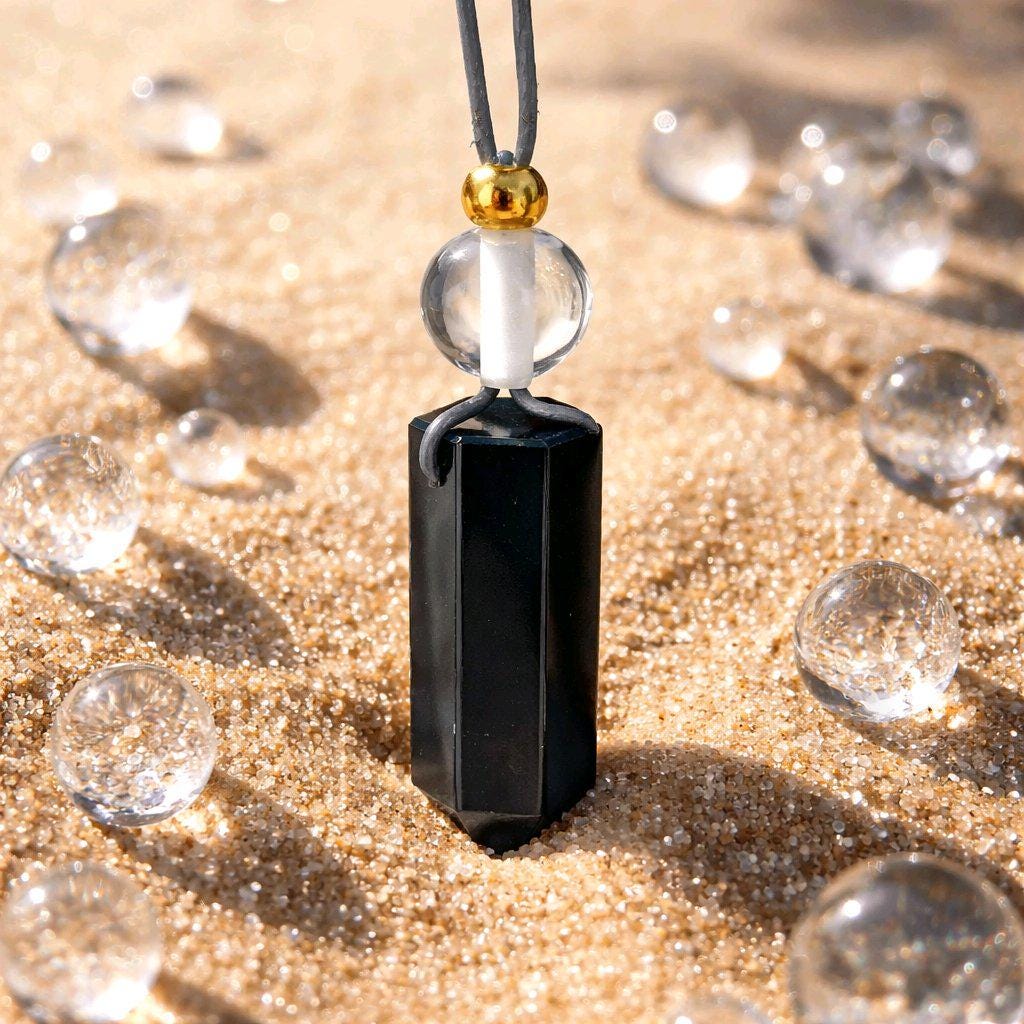 Obsidian Point Necklace, Chunky Natural Clear Quartz Crystal Hexagonal Wand Pendant for Men Women, Adjustable Leather Cord