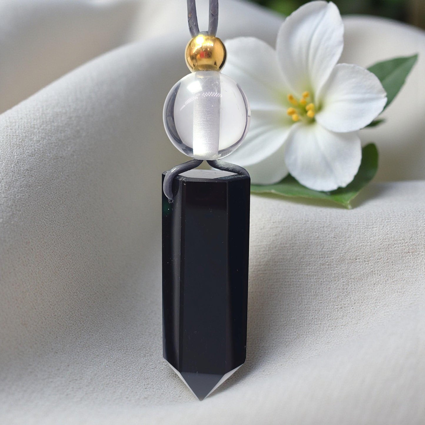 Obsidian Point Necklace, Chunky Natural Clear Quartz Crystal Hexagonal Wand Pendant for Men Women, Adjustable Leather Cord