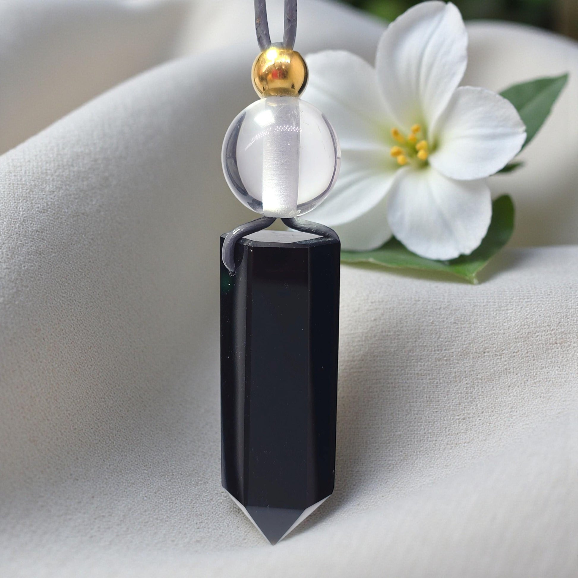 Obsidian Point Necklace, Chunky Natural Clear Quartz Crystal Hexagonal Wand Pendant for Men Women, Adjustable Leather Cord