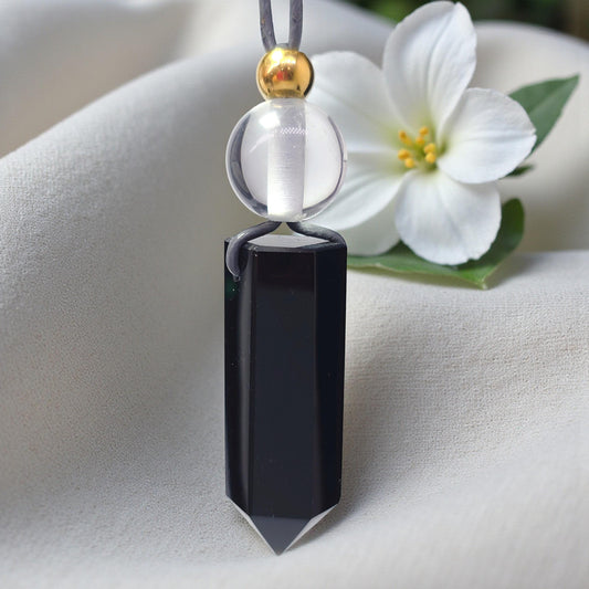 Obsidian Point Necklace, Chunky Natural Clear Quartz Crystal Hexagonal Wand Pendant for Men Women, Adjustable Leather Cord