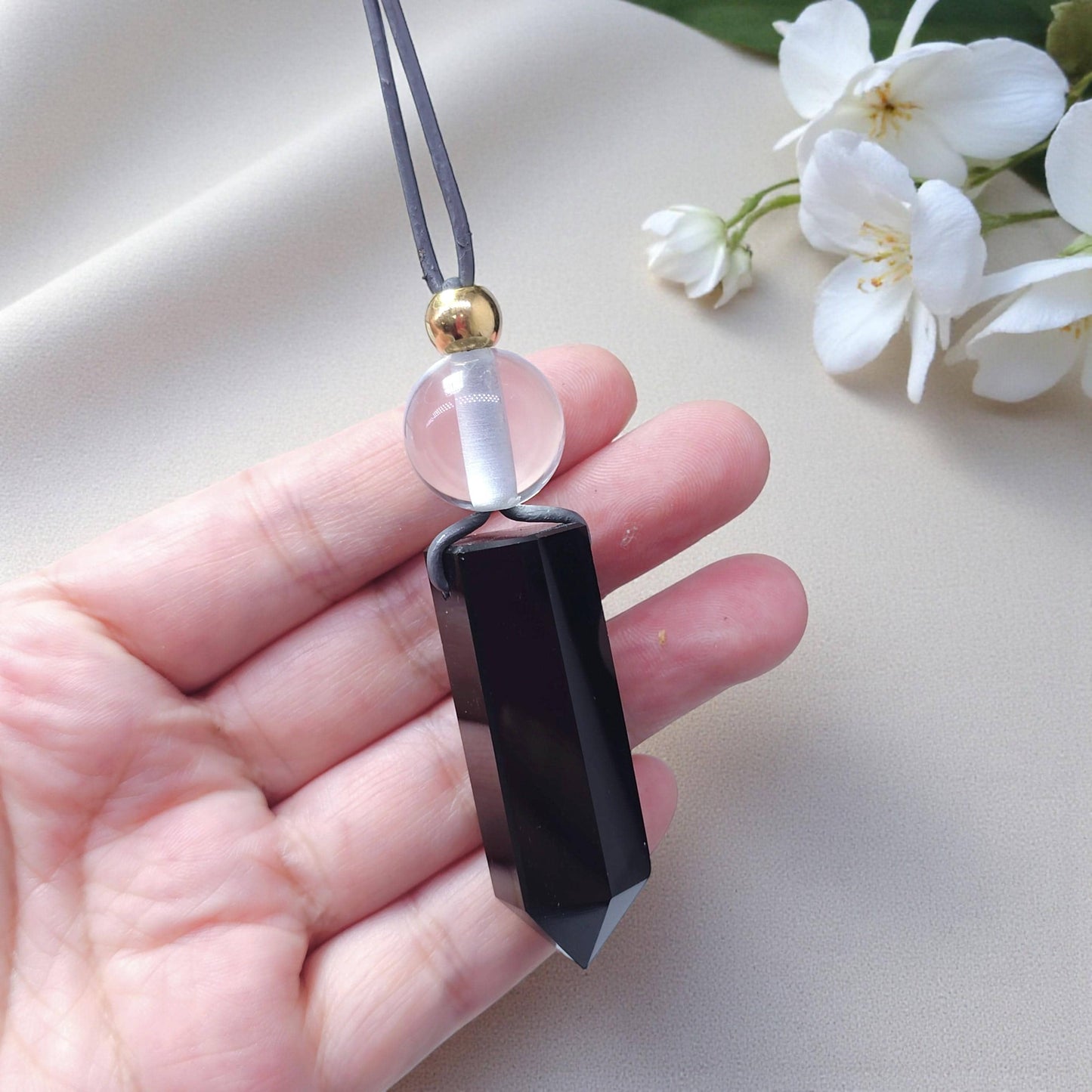 Obsidian Point Necklace, Chunky Natural Clear Quartz Crystal Hexagonal Wand Pendant for Men Women, Adjustable Leather Cord