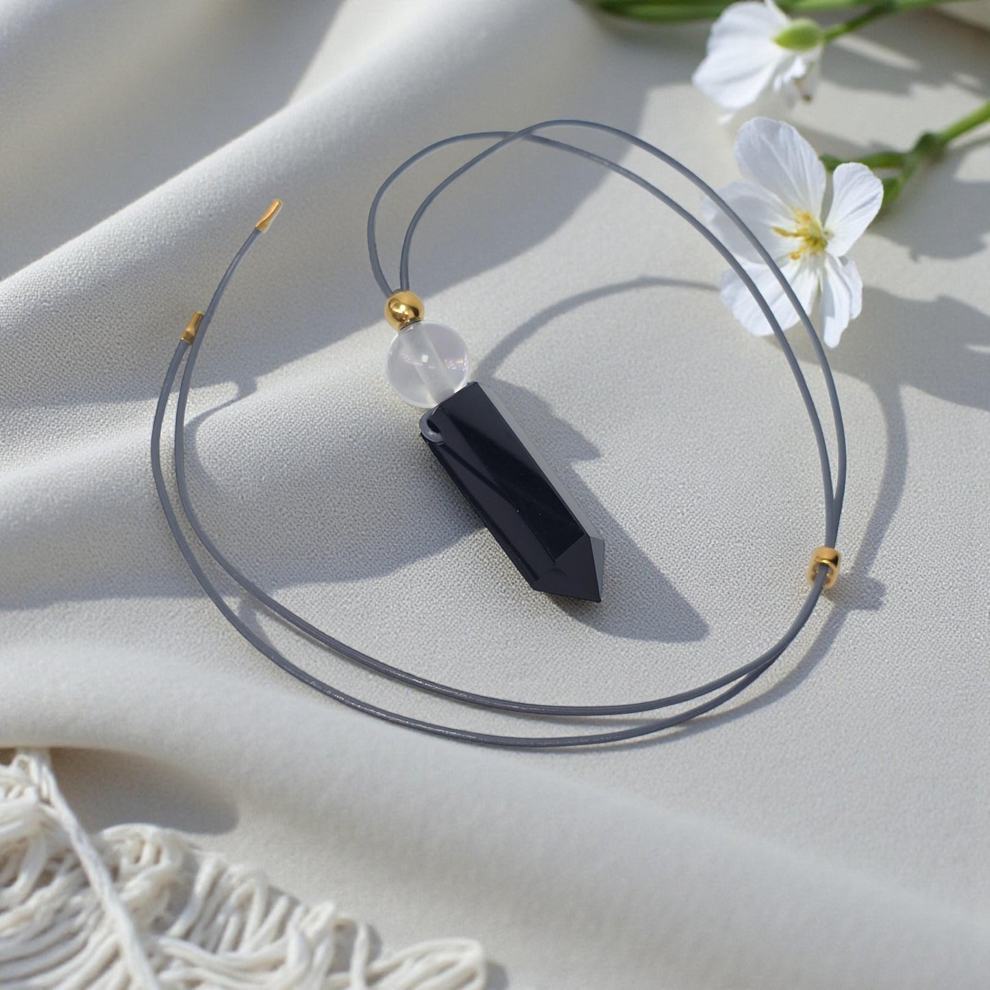 Obsidian Point Necklace, Chunky Natural Clear Quartz Crystal Hexagonal Wand Pendant for Men Women, Adjustable Leather Cord