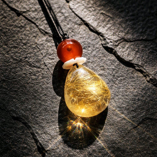 Golden Rutilated Quartz Necklace, Chunky Red Carnelian & Shell Flower Crystal Pendant for Her, Adjustable Leather Cord