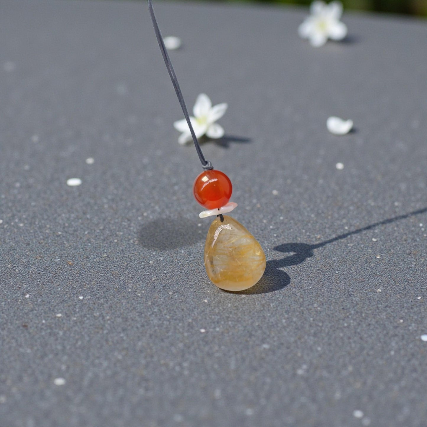 Golden Rutilated Quartz Necklace, Chunky Red Carnelian & Shell Flower Crystal Pendant for Her, Adjustable Leather Cord