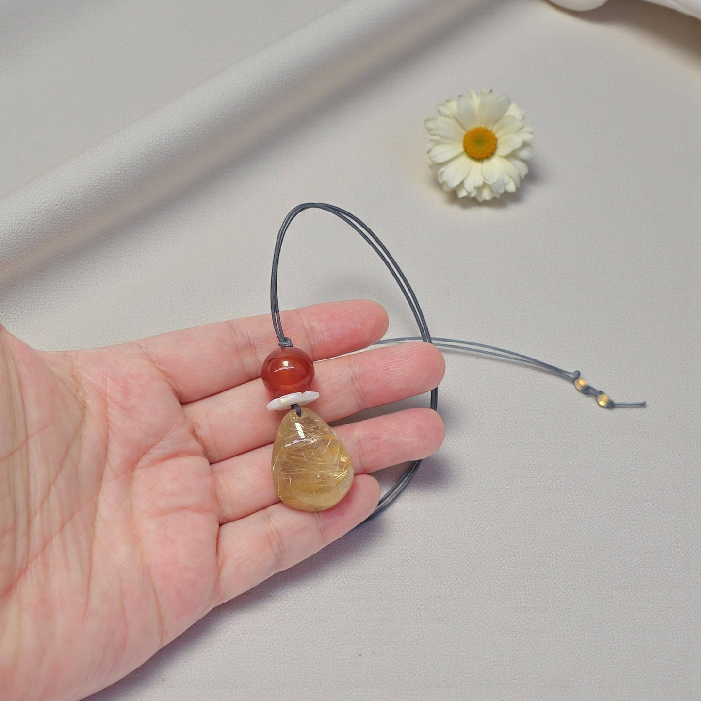 Golden Rutilated Quartz Necklace, Chunky Red Carnelian & Shell Flower Crystal Pendant for Her, Adjustable Leather Cord