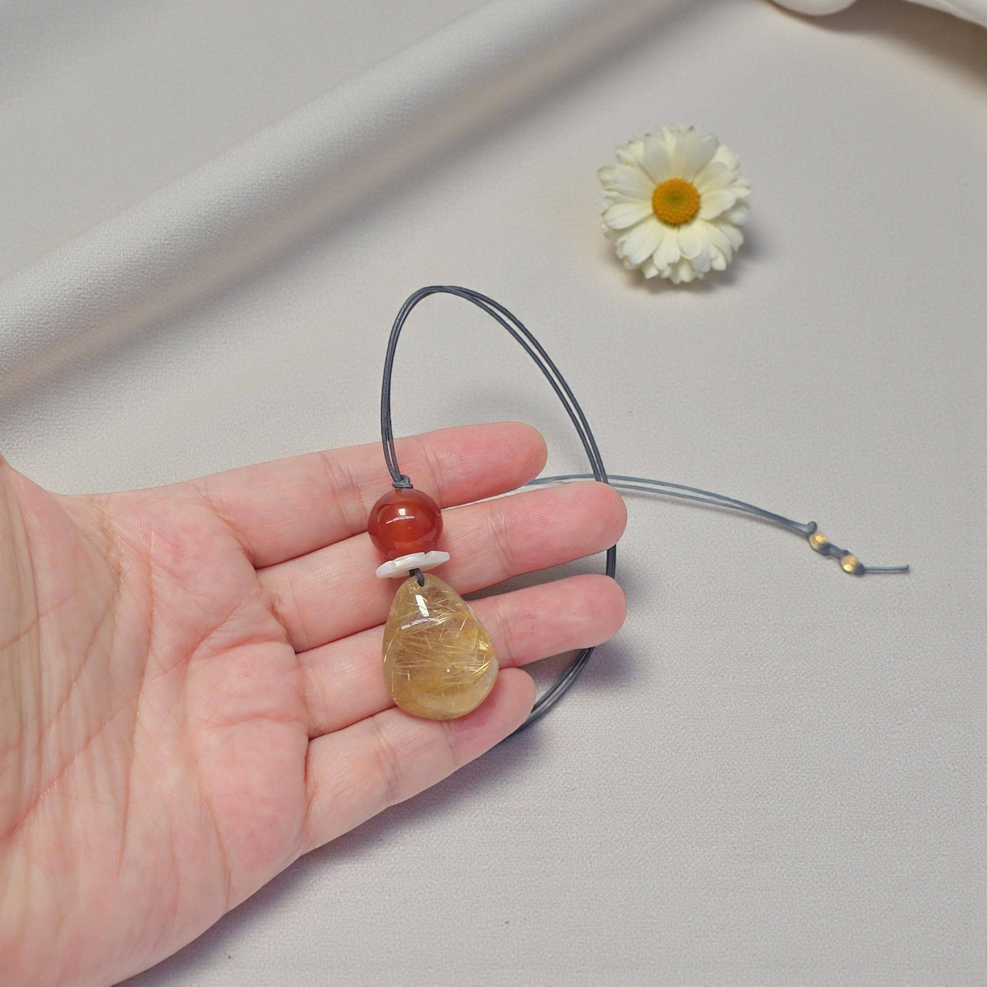 Golden Rutilated Quartz Necklace, Chunky Red Carnelian & Shell Flower Crystal Pendant for Her, Adjustable Leather Cord