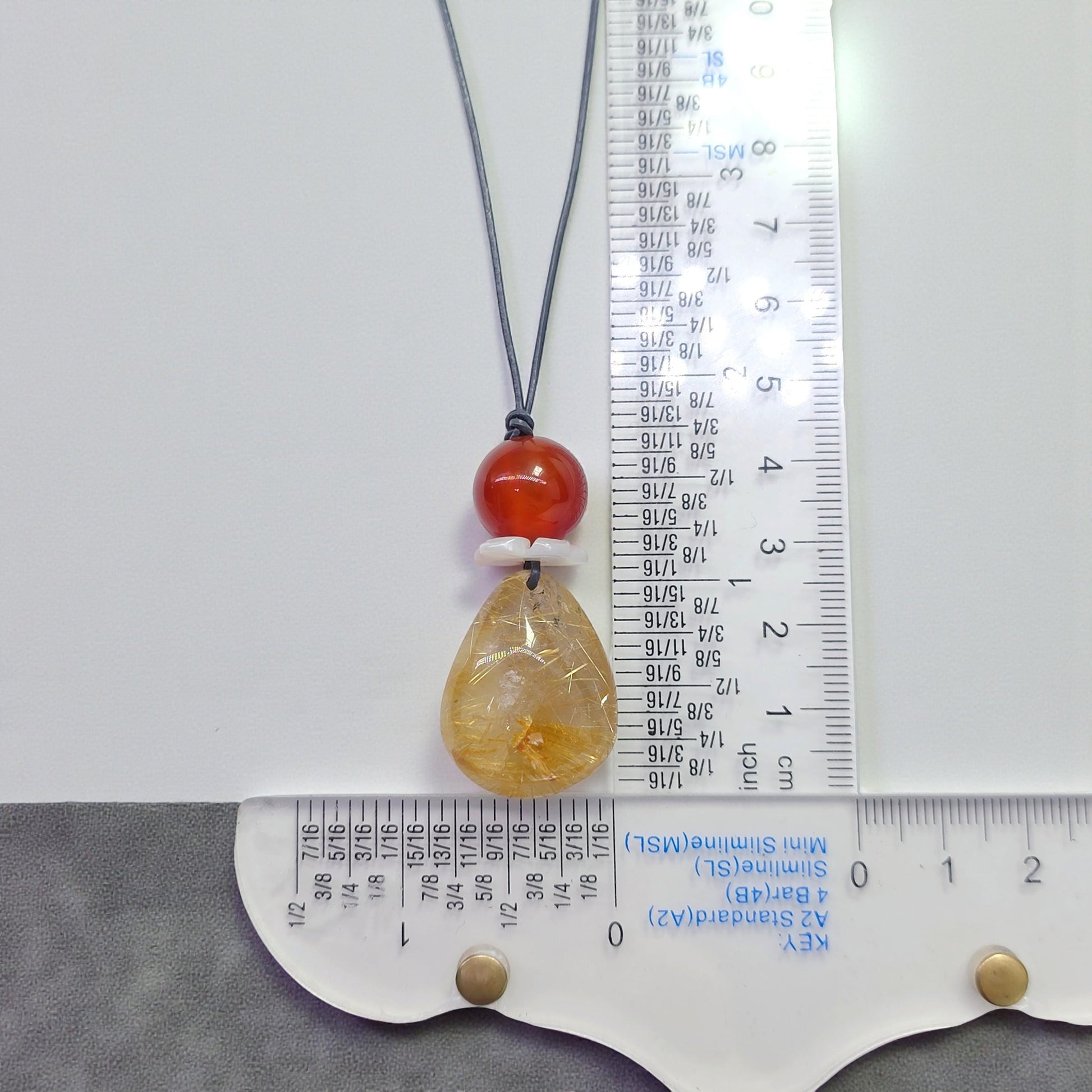 Golden Rutilated Quartz Necklace, Chunky Red Carnelian & Shell Flower Crystal Pendant for Her, Adjustable Leather Cord