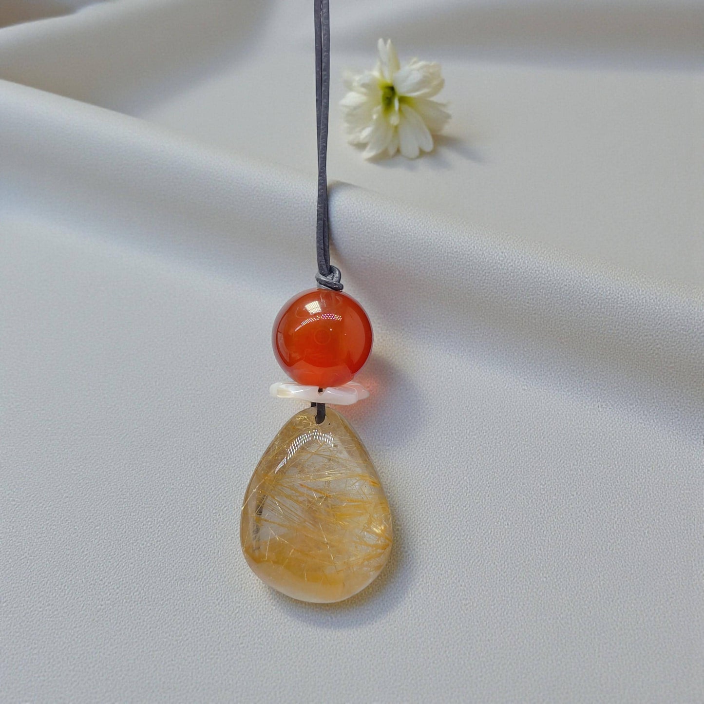 Golden Rutilated Quartz Necklace, Chunky Red Carnelian & Shell Flower Crystal Pendant for Her, Adjustable Leather Cord