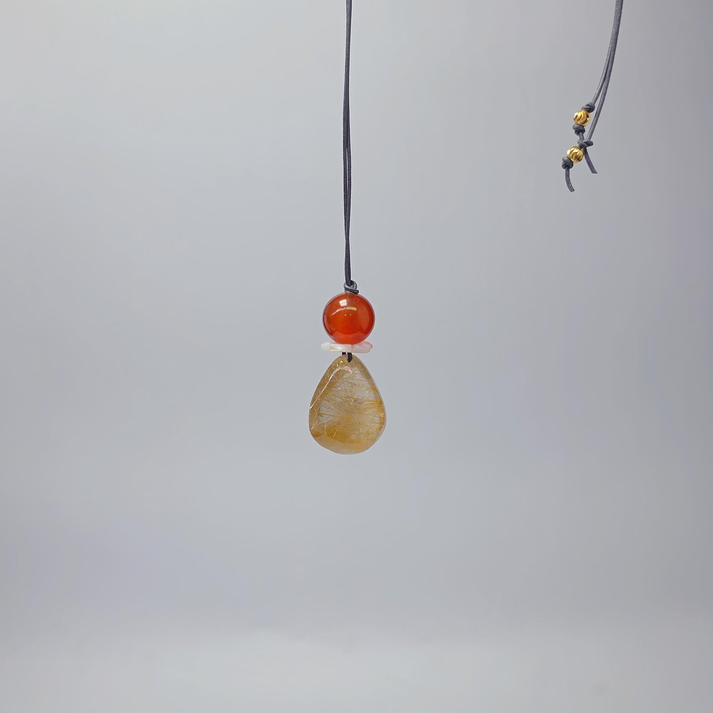 Golden Rutilated Quartz Necklace, Chunky Red Carnelian & Shell Flower Crystal Pendant for Her, Adjustable Leather Cord