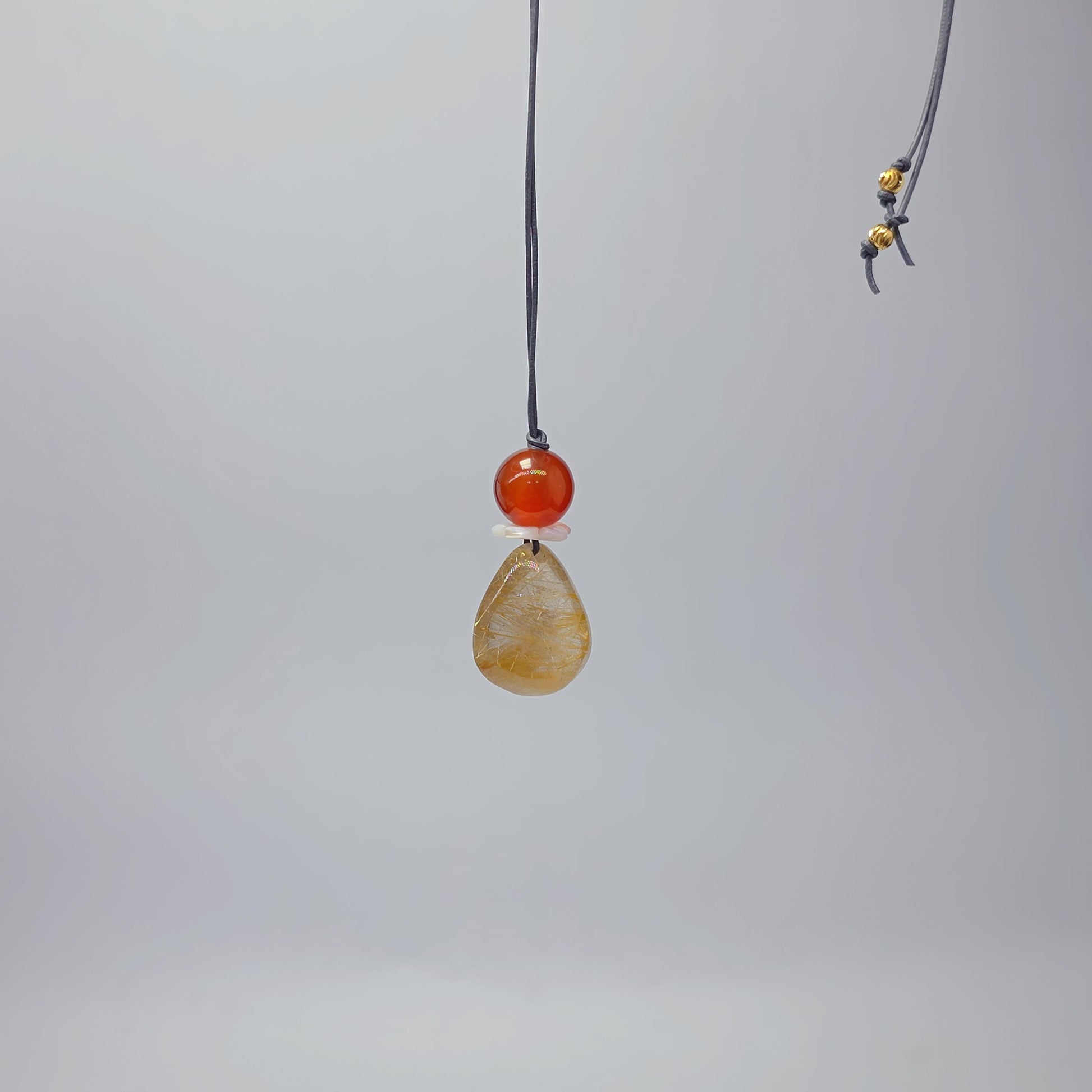 Golden Rutilated Quartz Necklace, Chunky Red Carnelian & Shell Flower Crystal Pendant for Her, Adjustable Leather Cord