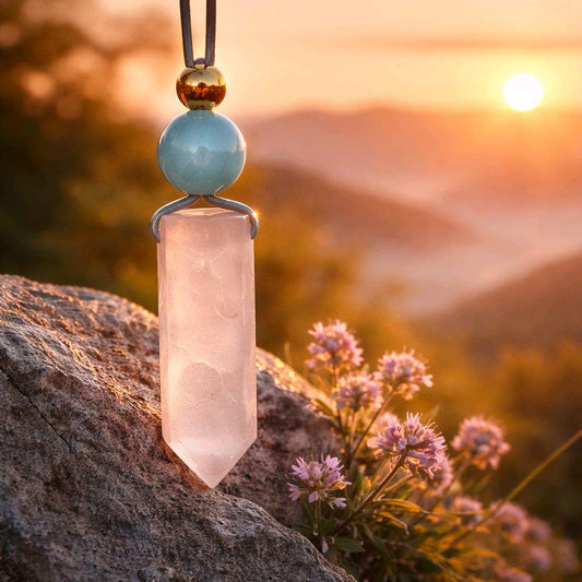 Natural Rose Quartz Necklace Crystal Point & Aquamarine Geometric Pendant, Pink Chunky Gemstone Jewelry Adjustable Leather for Men and Women