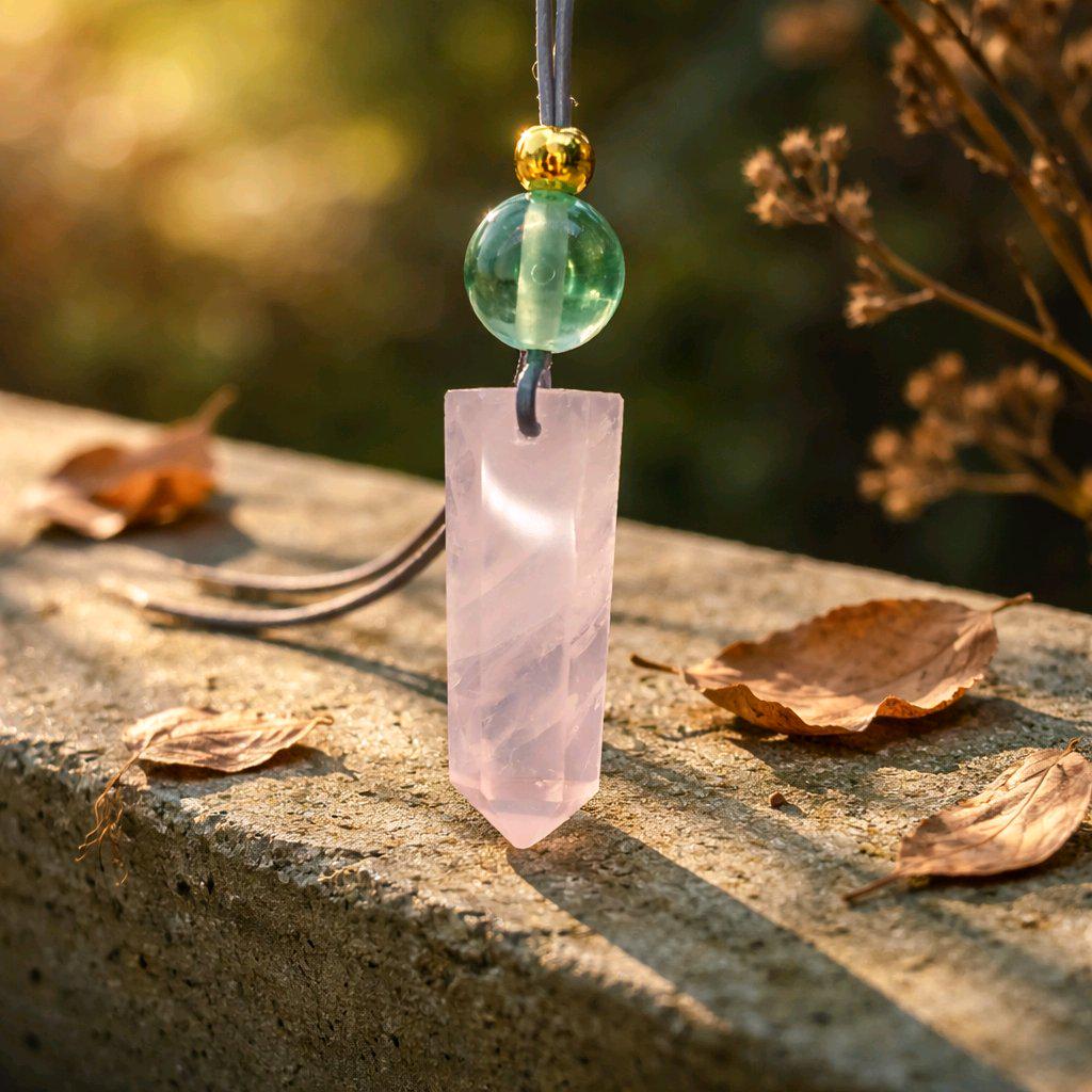 Rose Quartz Point Necklace, Chunky Natural Green Fluorite Crystal Hexagonal Wand Pendant for Women Men, Adjustable Leather Cord