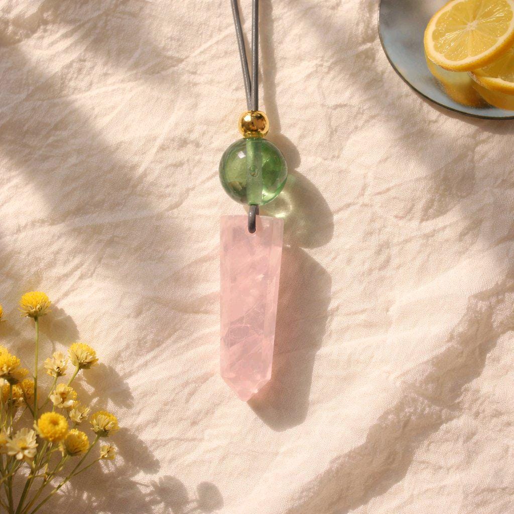 Rose Quartz Point Necklace, Chunky Natural Green Fluorite Crystal Hexagonal Wand Pendant for Women Men, Adjustable Leather Cord