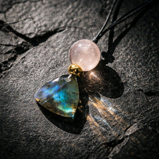 Labradorite Rose Quartz Necklace Natural Crystal Chunky Stone Jewelry for Women Spiritual Protection Adjustable Leather Cord up to 24 inches