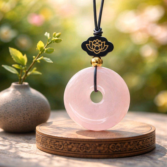 Rose Quartz Necklace Lotus Sandalwood Pendant Natural Crystal Chunky Peace Buckle Jewelry for Women Men Gift Adjustable Leather Cord