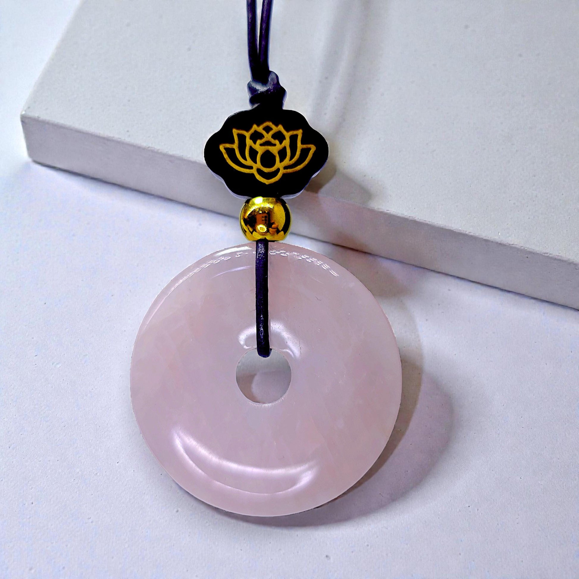 Rose Quartz Necklace Lotus Sandalwood Pendant Natural Crystal Chunky Peace Buckle Jewelry for Women Men Gift Adjustable Leather Cord