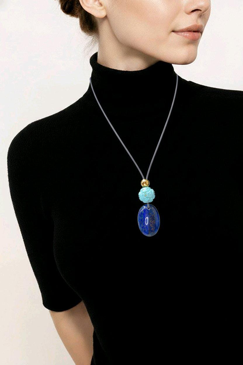 Lapis Lazuli Necklace Turquoise Natural Crystal Chunky Stone Jewelry for Men Women Protection Talisman Adjustable Leather Cord