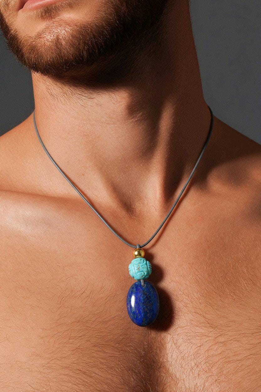 Lapis Lazuli Necklace Turquoise Natural Crystal Chunky Stone Jewelry for Men Women Protection Talisman Adjustable Leather Cord