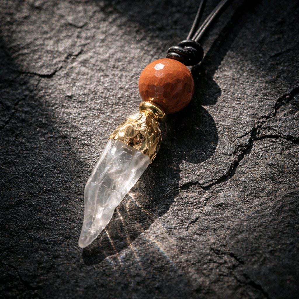 Raw Green Amethyst Necklace, Red Jasper Chunky Crystal Pendant, Boho Protection Jewelry, Healing Stone Gift, adjustable leather cord