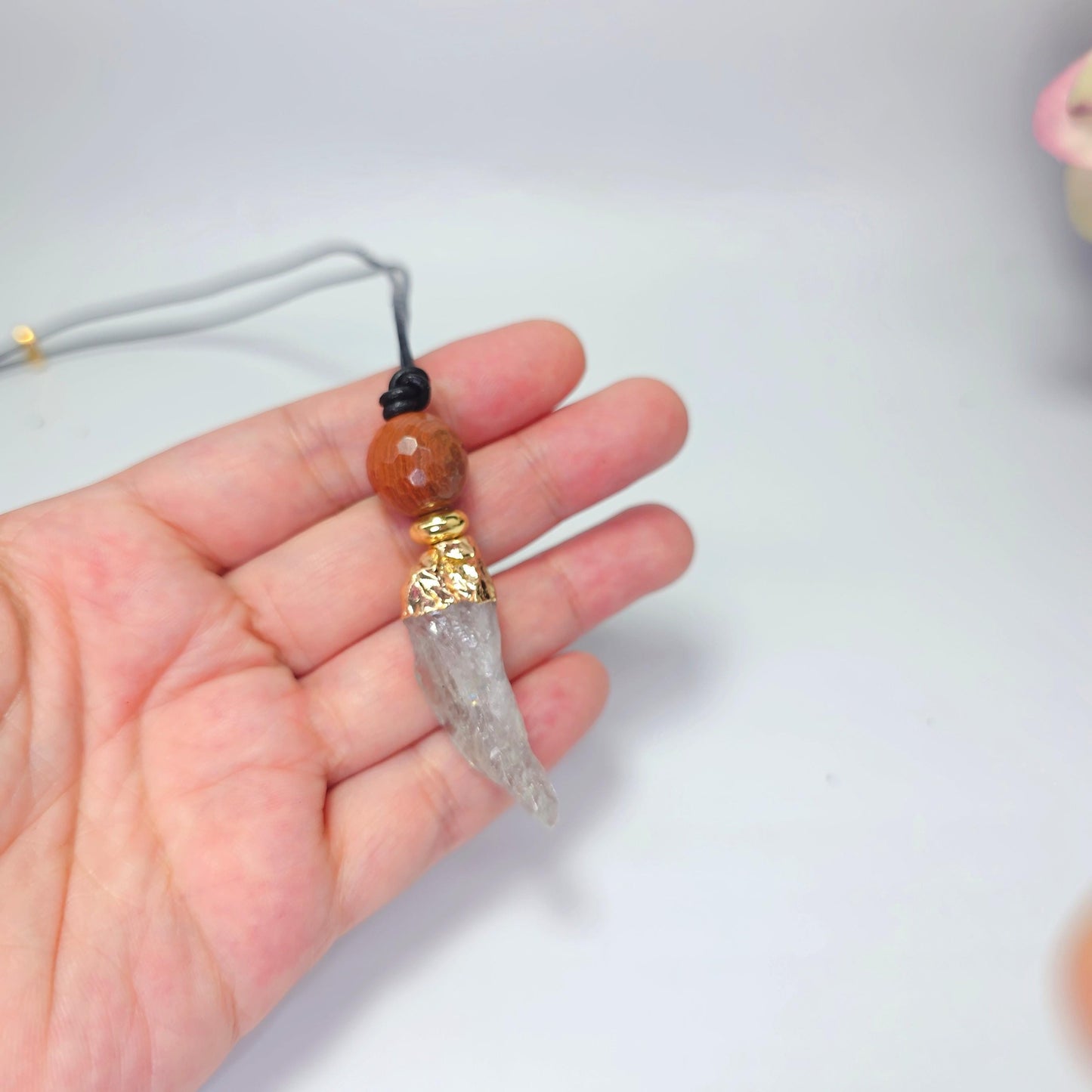 Raw Green Amethyst Necklace, Red Jasper Chunky Crystal Pendant, Boho Protection Jewelry, Healing Stone Gift, adjustable leather cord