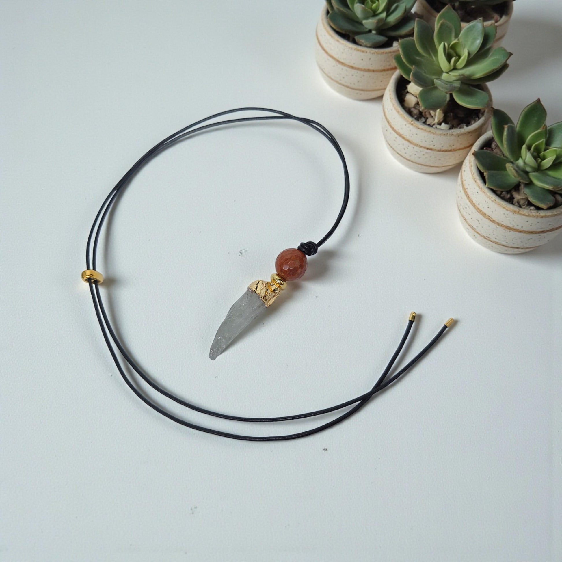 Raw Green Amethyst Necklace, Red Jasper Chunky Crystal Pendant, Boho Protection Jewelry, Healing Stone Gift, adjustable leather cord