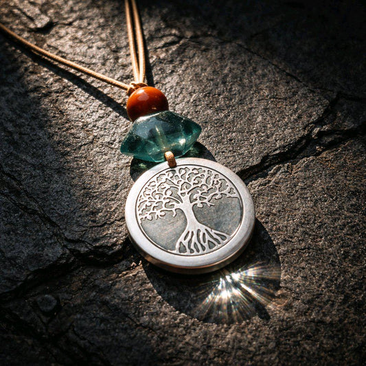 White Agate Necklace, Tree of Life Chunky Crystal Pendant, Fluorite Carnelian Spiritual Jewelry, Zen Gift, adjustable leather cord