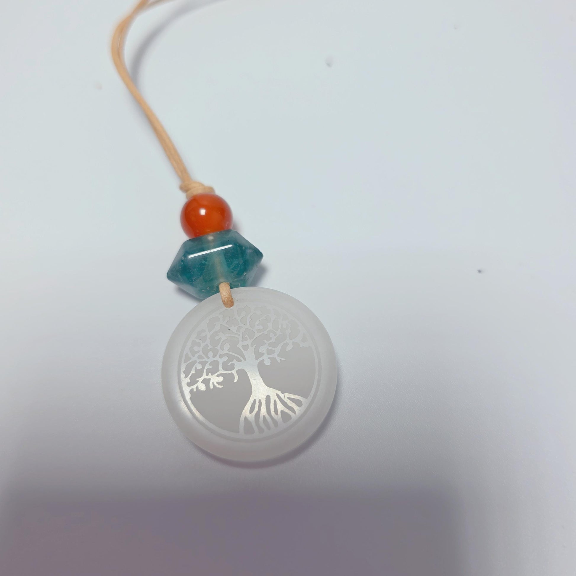 White Agate Necklace, Tree of Life Chunky Crystal Pendant, Fluorite Carnelian Spiritual Jewelry, Zen Gift, adjustable leather cord