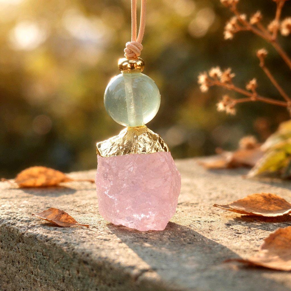 Rose Quartz Necklace, Raw Fluorite Chunky Crystal Pendant, Pink Stone Spiritual Jewelry, Love Healing Gift, adjustable leather cord