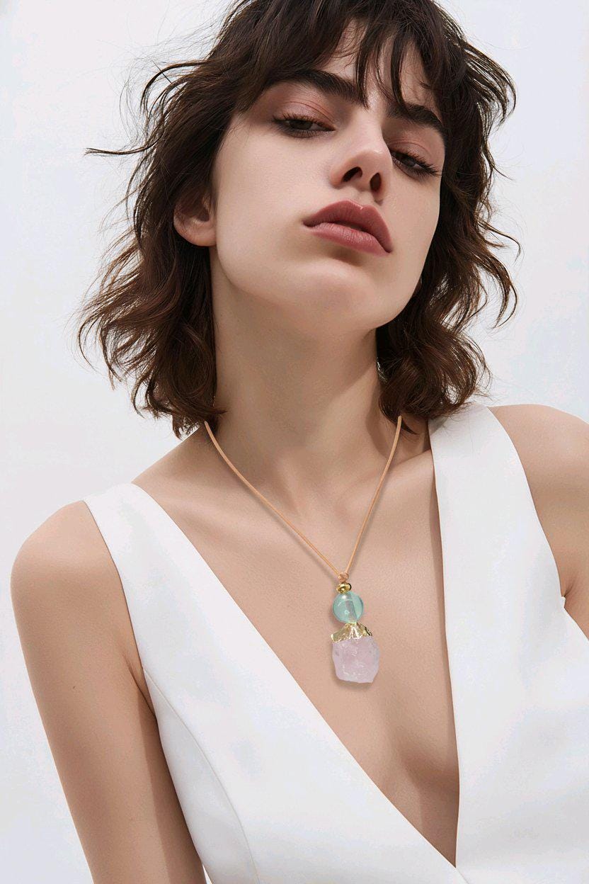 Rose Quartz Necklace, Raw Fluorite Chunky Crystal Pendant, Pink Stone Spiritual Jewelry, Love Healing Gift, adjustable leather cord