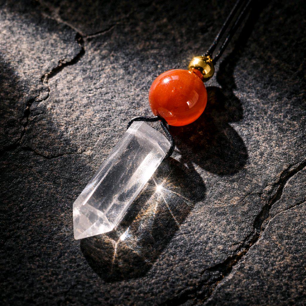 Clear Quartz Necklace, Red Agate Chunky Crystal Pendant, Healing Spiritual Jewelry, Protection Gift, adjustable leather cord
