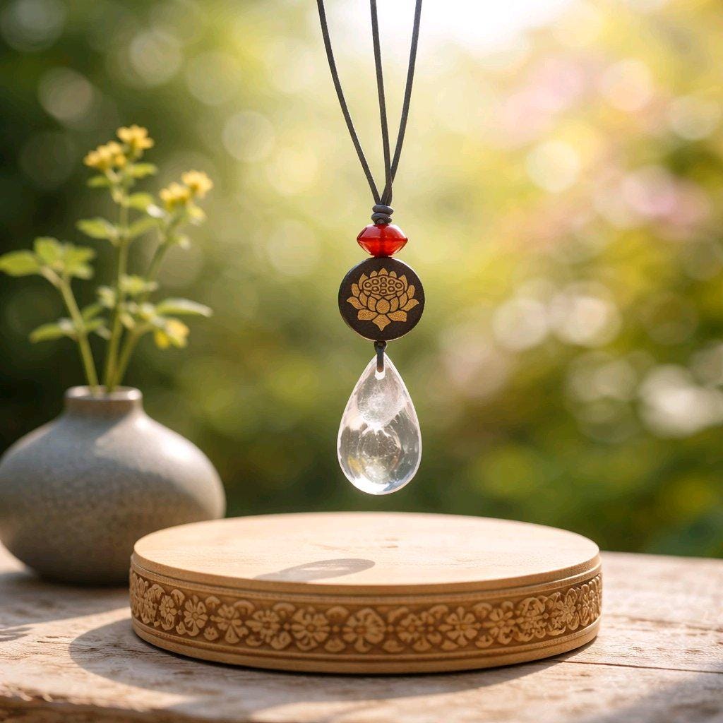 Clear Quartz Lotus Necklace, Chunky 18k Gold Inlaid Zen Crystal Jewelry, Black Sandalwood Spiritual Pendant, Adjustable Leather Cord