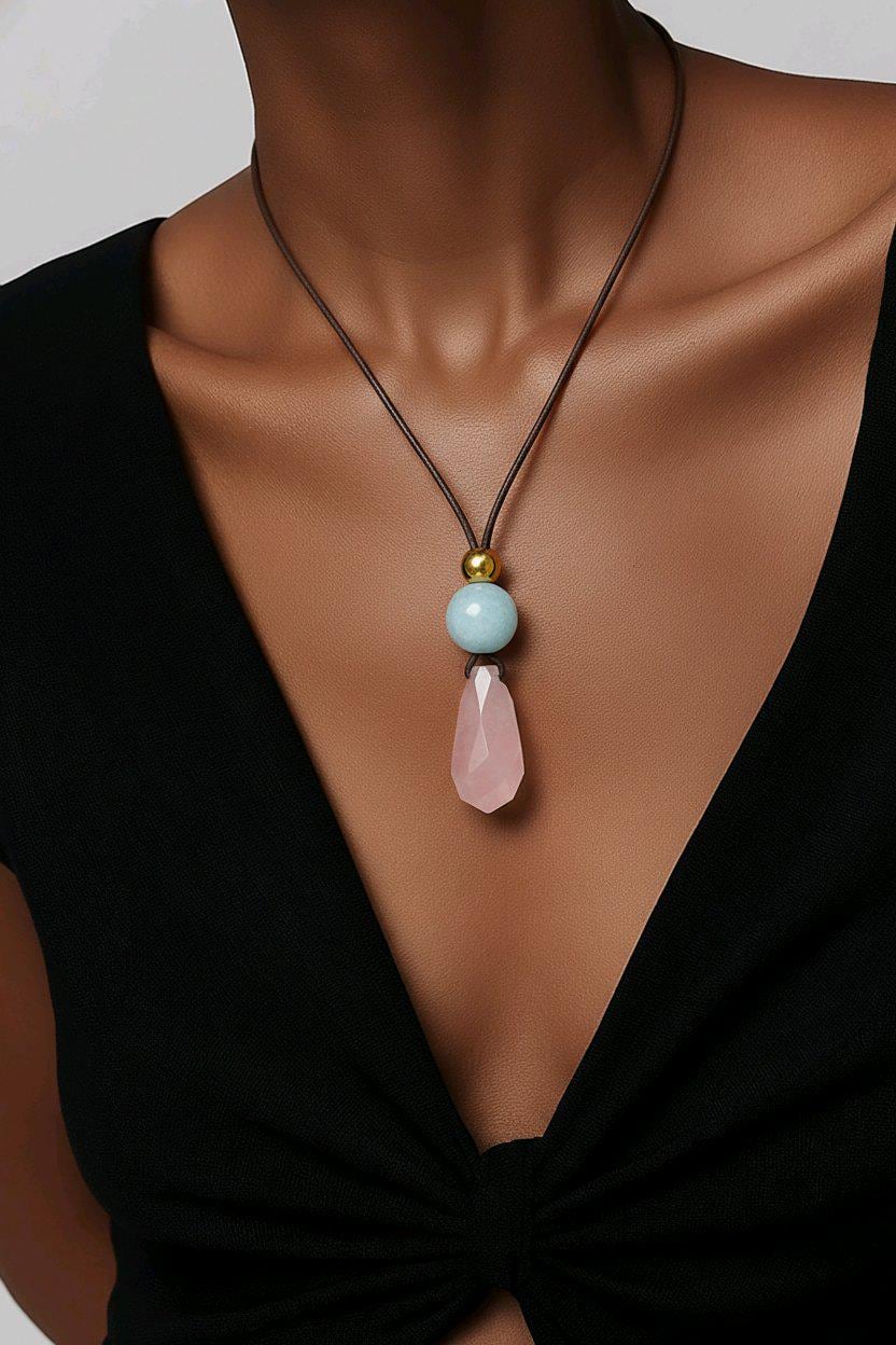 Rose Quartz Faceted Necklace, Chunky Aquamarine Crystal Healing Jewelry, Romantic Love Stone Pendant, Adjustable Leather Cord