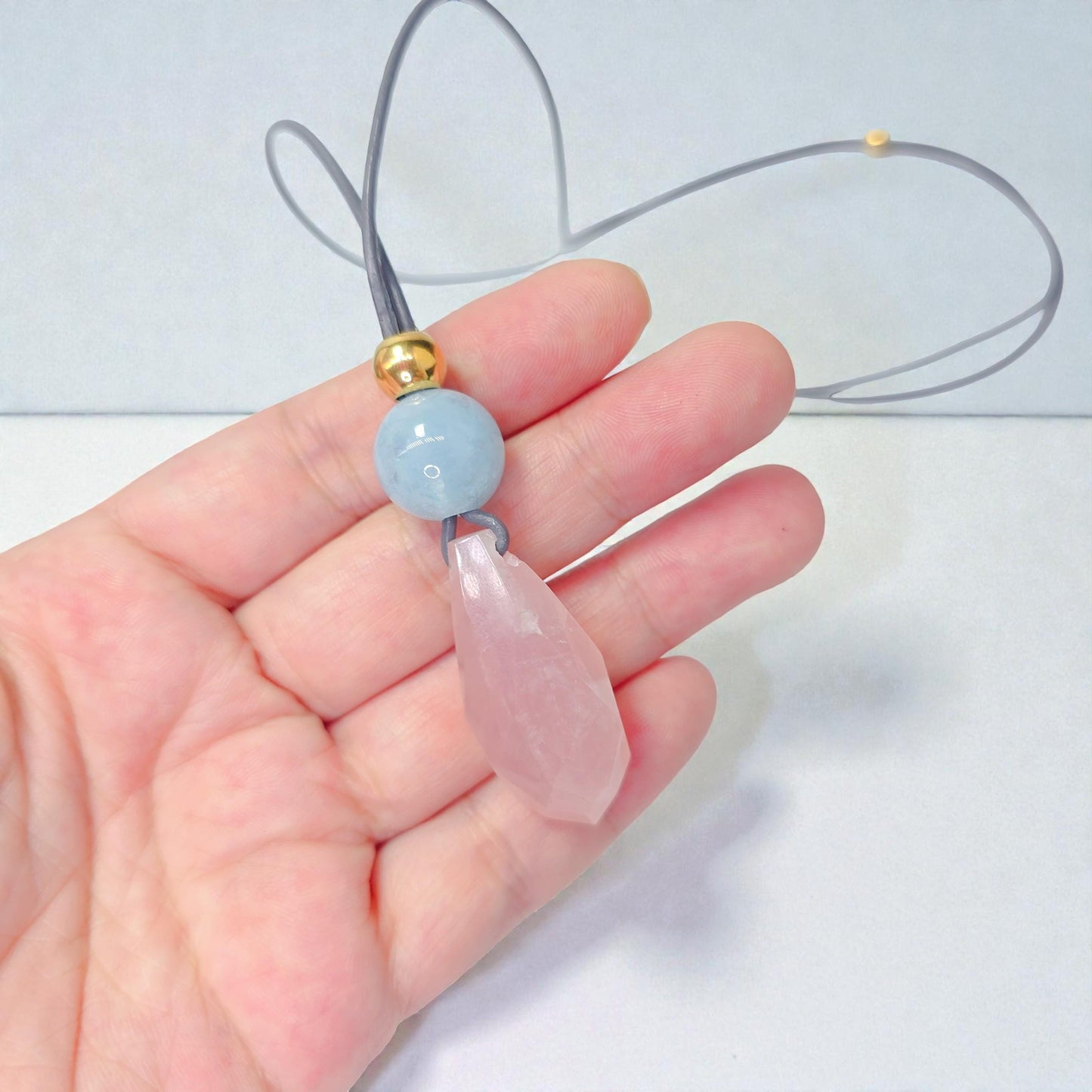 Rose Quartz Faceted Necklace, Chunky Aquamarine Crystal Healing Jewelry, Romantic Love Stone Pendant, Adjustable Leather Cord